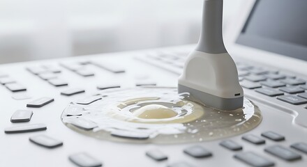 Ultrasound Transducer in Medical Imaging Setup on Laptop Keyboard for Diagnostic Technology