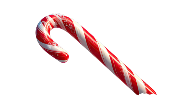 A single traditional red and white striped candy cane sweet treat.