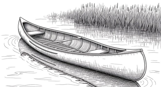 Canoe resting on calm water with reeds in the background, a detailed illustration