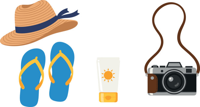 Isolated image of beach vacation items: hat, flip-flops, sunscreen, and camera on transparent background