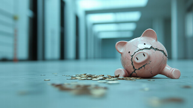 Cracked piggy bank lies broken on empty floor with scattered coins, conveying loss and financial hardship in cold industrial space