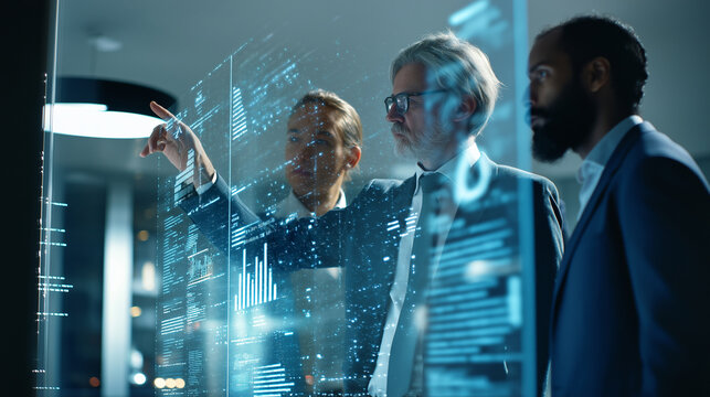 Corporate executives analyzing 3D AI-generated business data projections on glass walls during a meeting.