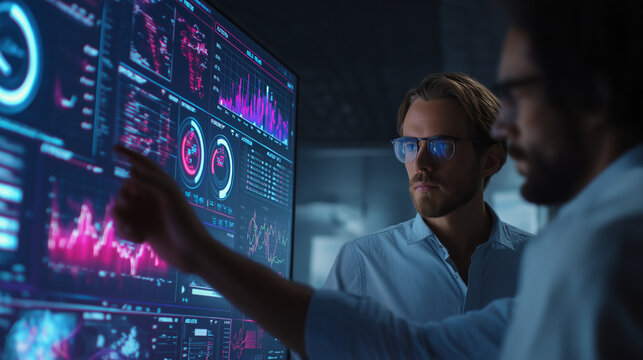 Corporate professionals interacting with 3D holographic AI screens for presentations and analytics. Keywords: