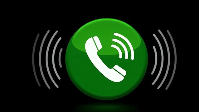 A glossy green button with a telephone receiver icon is ringing