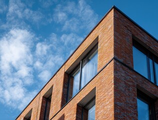 A low-angle view of a modern brick apartment building or condominium with large windows against a blue sky. A concept for urban real estate, housing, and contemporary architecture.