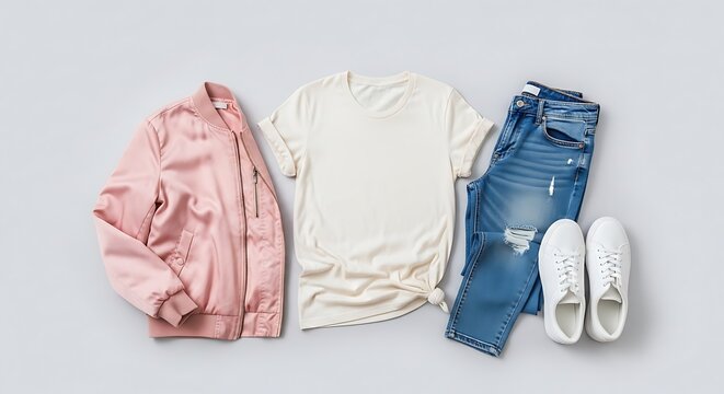 Flat lay of a casual outfit featuring a pink bomber jacket, white tshirt, ripped blue jeans, and white sneakers - Powered by Adobe