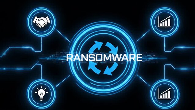 Ransomware cyber security concept on a futuristic digital display with icons