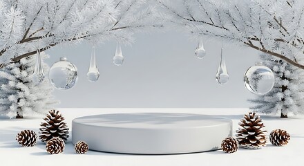 Winter Christmas scene with podium and pine cones decoration arrangement