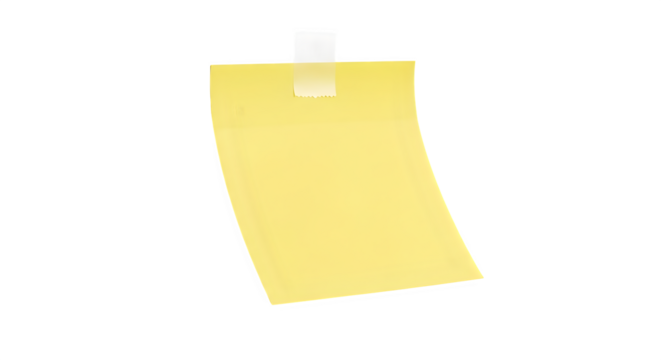 Yellow sticky note attached with a piece of tape isolated on transparent background