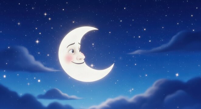 Animated crescent moon with a happy face floats in a starry, cloudy night