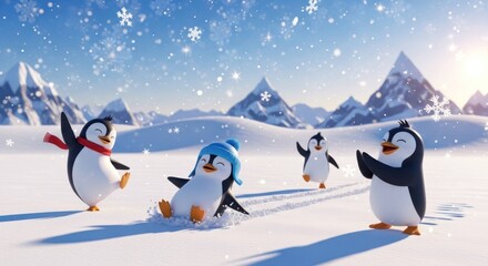 Animated penguins play in snow with mountains and snowflakes backdrop