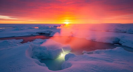 Arctic sea ice landscape with vibrant sunrise reflecting in open water
