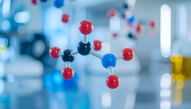 Microscopic molecular structure with red and blue atoms, blurred laboratory background, scientific