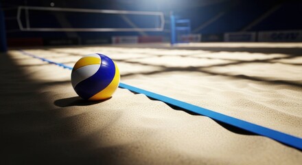 Beach volleyball tricolor ball on sand, net in background, bright light