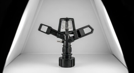 Black plastic sprinkler head with three arms on neutral light