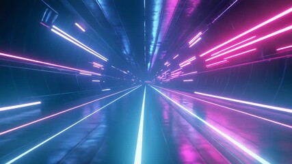 Speeding through futuristic neon light cyberpunk tunnel - Powered by Adobe