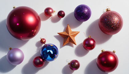 christmas balls and decorations on white background