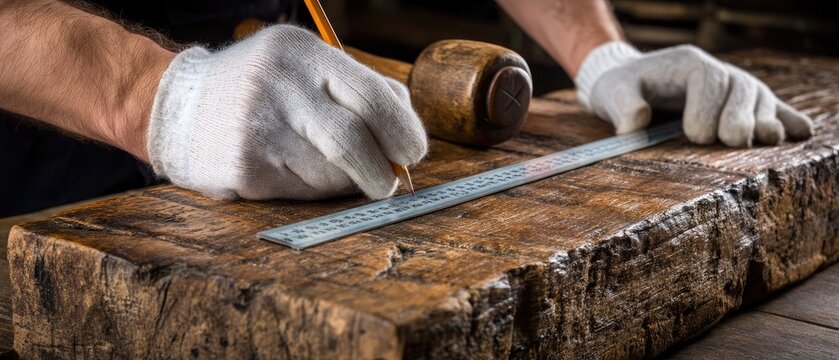 Hands with gloves carefully measure lumber while someone works in the background on a garden task under bright sunlight - Powered by Adobe