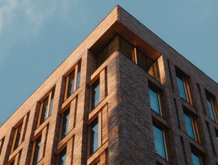 A low-angle view of a modern brick apartment building or condominium with large windows against a blue sky. A concept for urban real estate, housing, and contemporary architecture.