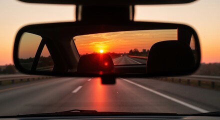 Sunset reflection in a car's rearview mirror while driving on a highway. View from inside a vehicle looking back at the road during a journey