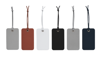 Six Assorted Color Blank Leather Luggage Tags or Retail Price Labels with String Isolated on a White Background for Travel and Shopping