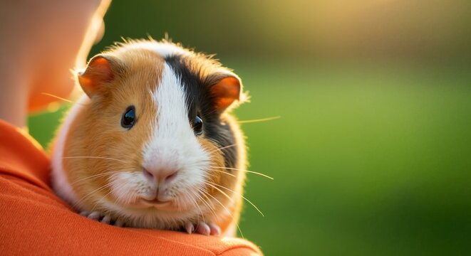 A cute tricolor guinea pig held on a person's shoulder outdoors. Close-up portrait of a small domestic pet rodent. Animal friendship concept with warm golden hour light