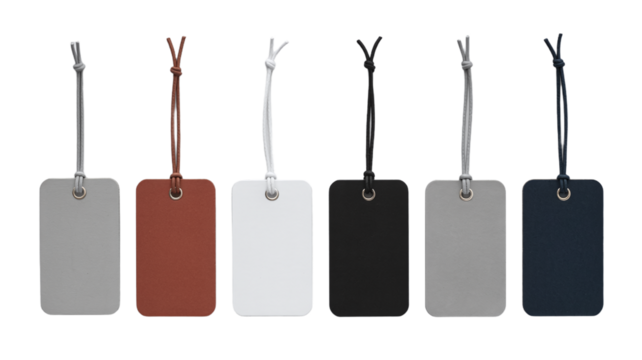 Six Assorted Color Blank Leather Luggage Tags or Retail Price Labels with String Isolated on a White Background for Travel and Shopping