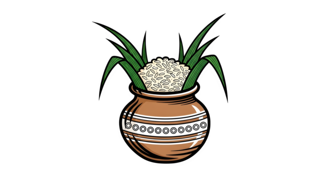 Hand drawn illustration of a traditional indian clay pot filled with white flowers and green leaves isolated on transparent background