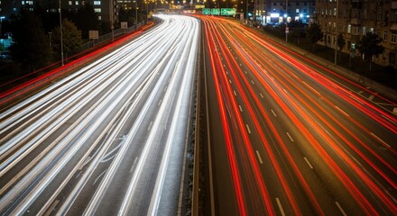 Long exposure of highway traffic at night creating red and white light trails. Urban cityscape showing the speed and motion of cars on a motorway. Modern transportation concept