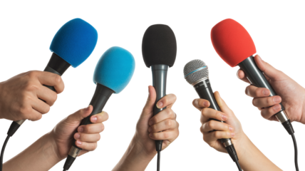 Group of Hands Holding Five Colorful Microphones with Foam Covers Ready for Press Conference, News Interview, or Public Speaking Event