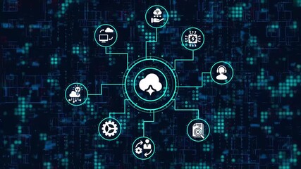 Cloud computing technology and online data storage for business network cloud server data collecting and cloud database for analysis to make connections and share data - Powered by Adobe