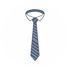 Vector icon of a blue striped necktie on a white shirt collar. Illustration of formal business wear and professional fashion accessory.