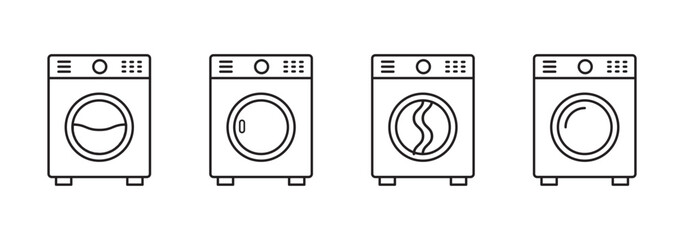 Washing machine line icons set isolated on white background. Laundry and cleaning symbols in minimal style. Editable stroke.