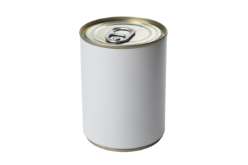 Blank White Label Metal Food Can with Easy Open Pull Tab Isolated on a Clean White Background for Product Mockup, Branding, and Packaging Design