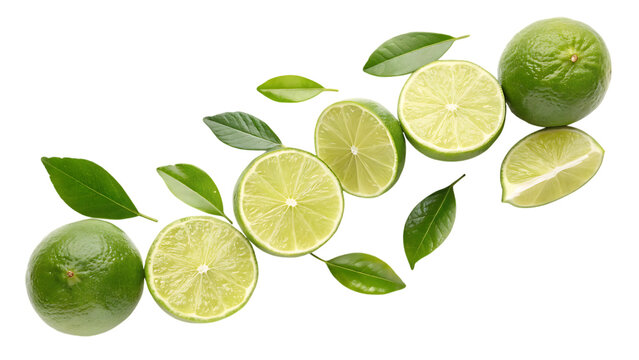 Dancing citrus delights lively limes with leaves cut out on PNG. AI GENERATED.
