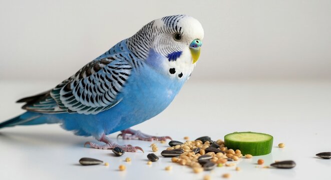 Blue budgie parakeet eating a healthy meal of seeds and vegetables. Domestic pet bird isolated on a white background. Avian nutrition and pet care concept