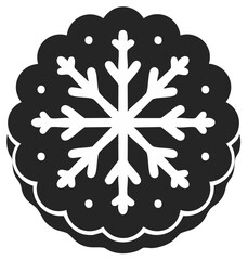 Black and white winter cookie icon with intricate snowflake design and decorative scalloped edge