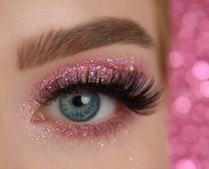 Obraz premium Woman's eye with sparkling pink eyeshadow and long lashes.