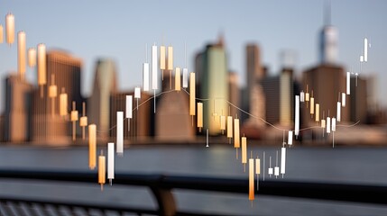 Complex data lines illustrate significant trends as twilight settles over the dynamic urban skyline, suggesting movement and change