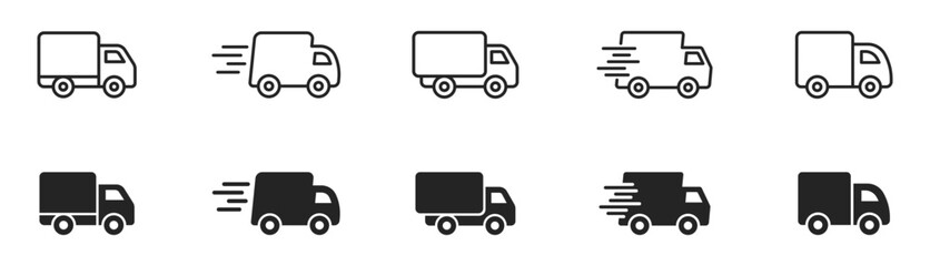 Fototapeta na wymiar Delivery Truck icon set. Express delivery trucks icons. Fast shipping truck. Free delivery 24 hours. Logistic trucking sign. Vector illustration.
