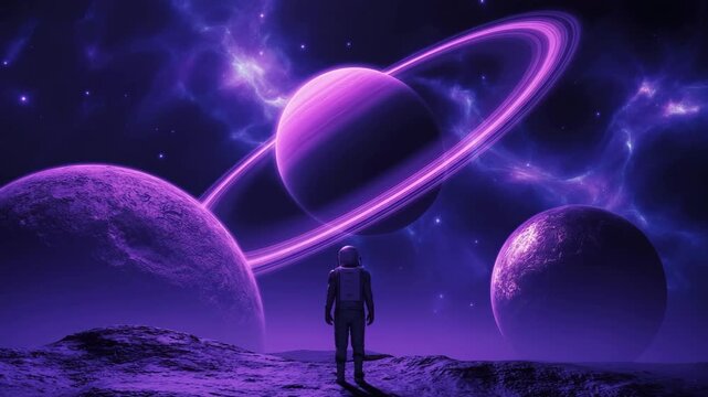 Astronaut standing on an alien planet looking at saturn like planets with rings and purple nebula in the background