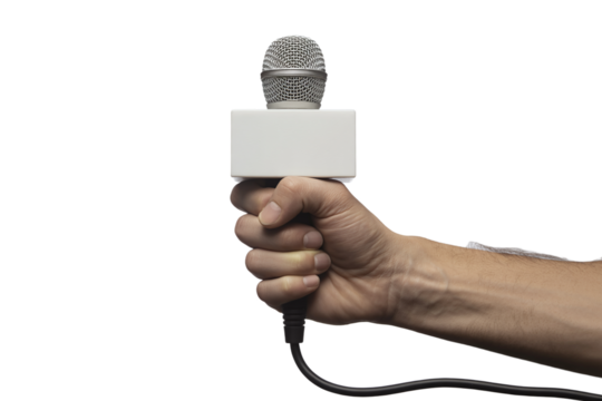 Hand Holding a Professional News Microphone with a Blank White Cube Logo Box Ready for Interviews, Public Speaking, and Live Reporting