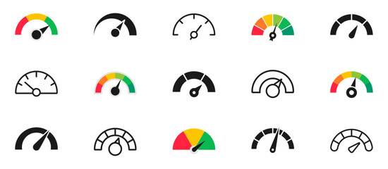 Speedometer icon set. Speed indicator. Gauge, dashboard, tachometer, scale. Speedometer icon with arrow. Vector illustration.