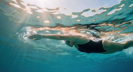An athletic woman swimming freestyle underwater in clear blue water. Sunlight shines through the surface. Sport, fitness, and active lifestyle concept