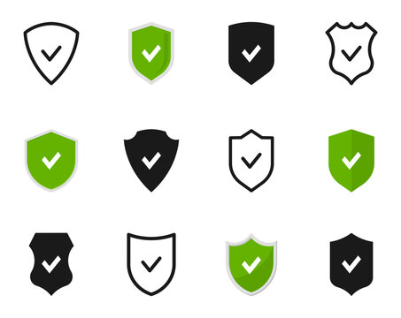Shield with check mark icon set. Security, approve, accept, secure access sign. Protection symbol. Vector illustration.