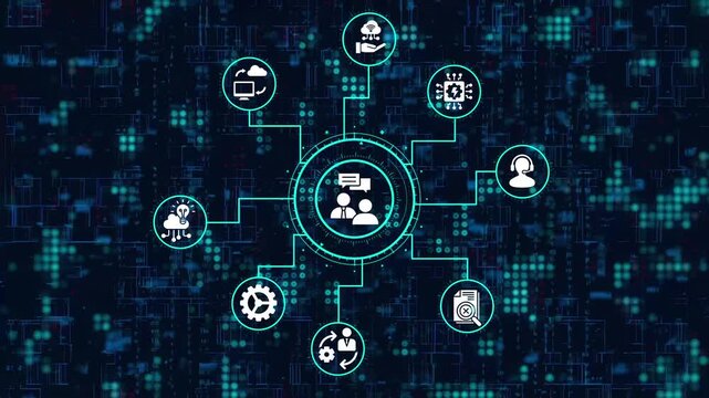 Digital transformation concept showing interconnected icons representing various aspects of business and technology, illustrating the shift towards digitalization and innovation