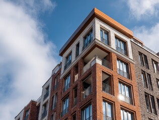 A low-angle view of a modern brick apartment building or condominium with large windows against a blue sky. A concept for urban real estate, housing, and contemporary architecture.