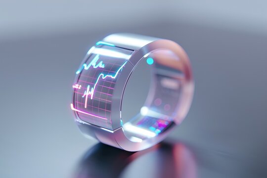 A sleek fitness tracker shows vital health metrics and activity data on a clear display. The modern design is ideal for fitness enthusiasts tracking their progress and health