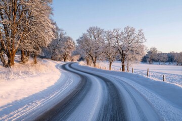 Obraz premium Winding country road through a snow-covered winter landscape