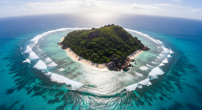 Tropical island aerial view with turquoise ocean and white sand beach lush green vegetation and rocky coastline idyllic paradise nature and travel